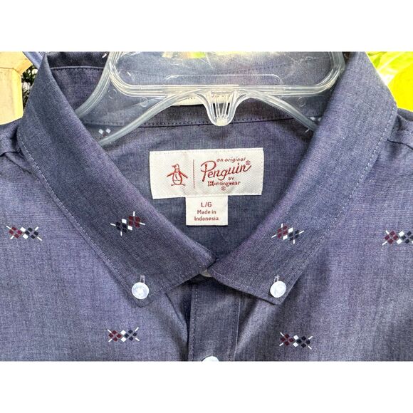 NWOT Penguin Heritage Slim Fit Slate Blu Argyle Print SS Button Down Shirt SZ L - Picture 4 of 5